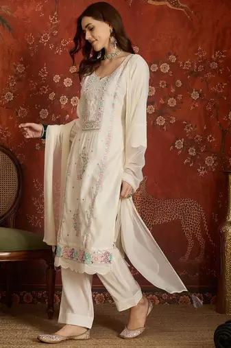 Off white embroidered silk 3-piece suit set