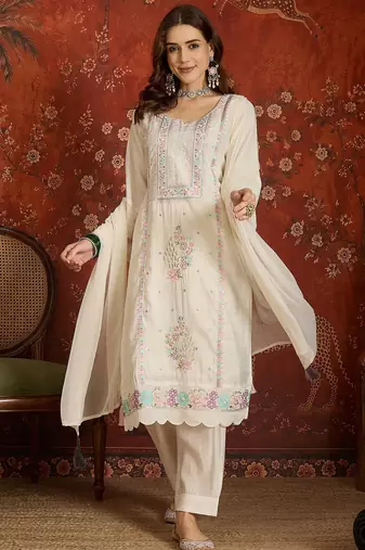 Off white embroidered silk 3-piece suit set