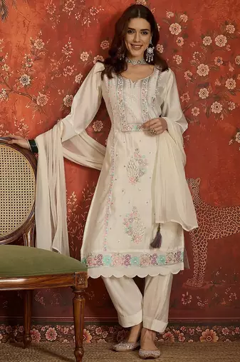 Off white embroidered silk 3-piece suit set