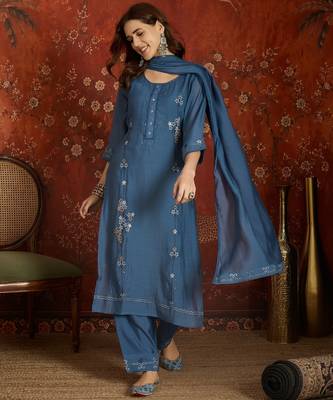 Blue embroidered chanderi silk 3-piece suit set 1
