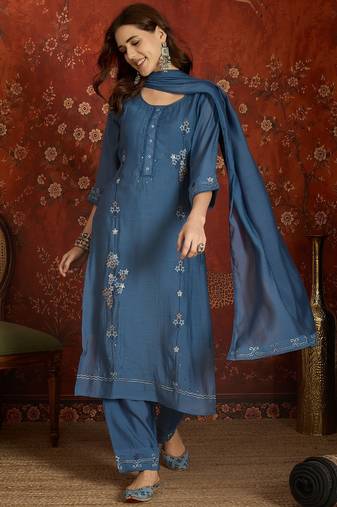 Blue embroidered chanderi silk 3-piece suit set