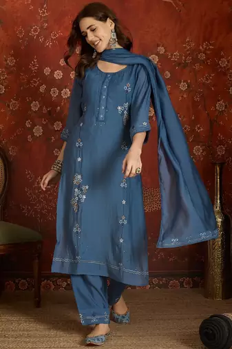 Blue embroidered chanderi silk 3-piece suit set
