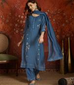 Blue embroidered chanderi silk 3-piece suit set