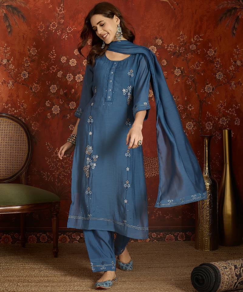 Blue embroidered chanderi silk 3-piece suit set