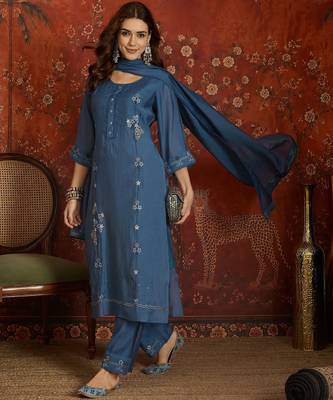 Blue embroidered chanderi silk 3-piece suit set 2