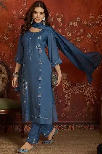 Blue embroidered chanderi silk 3-piece suit set