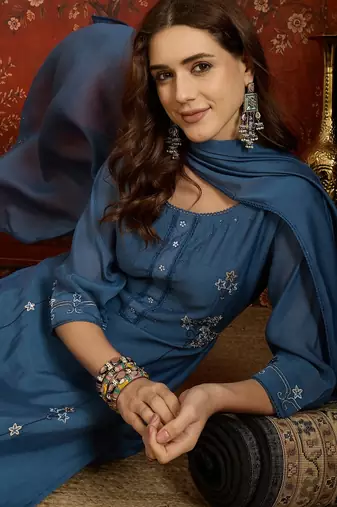 Blue embroidered chanderi silk 3-piece suit set