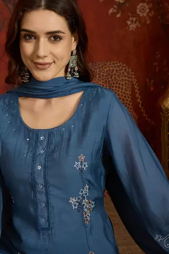 Blue embroidered chanderi silk 3-piece suit set