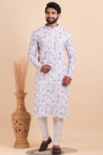 Men croset work embroidery with digital print kurta set