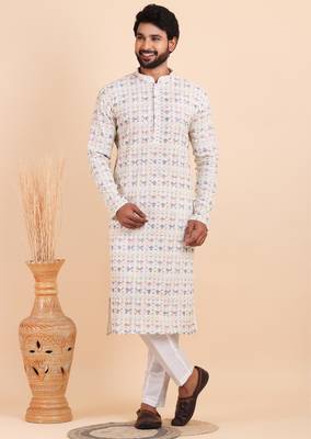 Men croset work embroidery with digital print kurta set 1