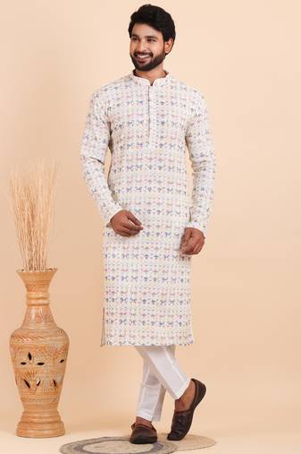 Men croset work embroidery with digital print kurta set