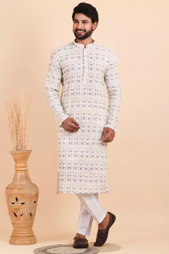 Men croset work embroidery with digital print kurta set