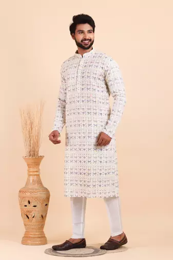 Men croset work embroidery with digital print kurta set