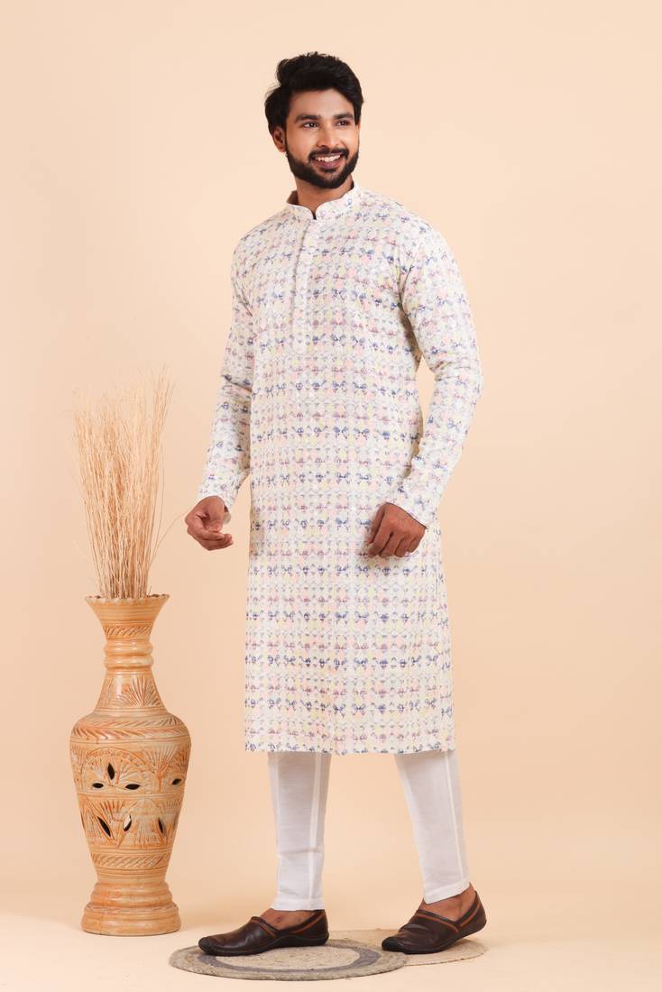 Men croset work embroidery with digital print kurta set