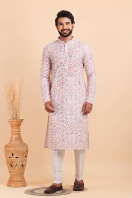 Men croset work embroidery with digital print kurta set 1