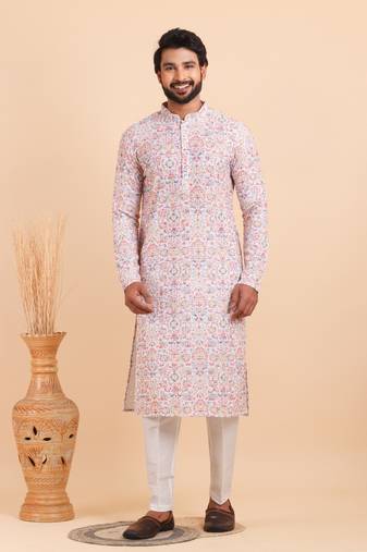 Men croset work embroidery with digital print kurta set