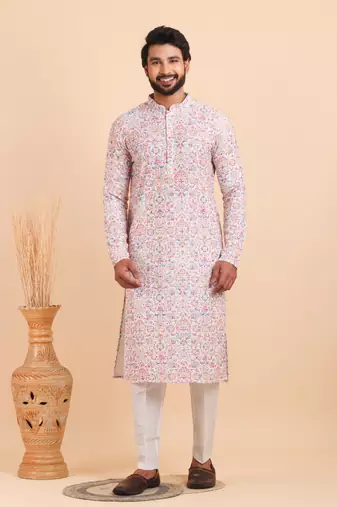 Men croset work embroidery with digital print kurta set