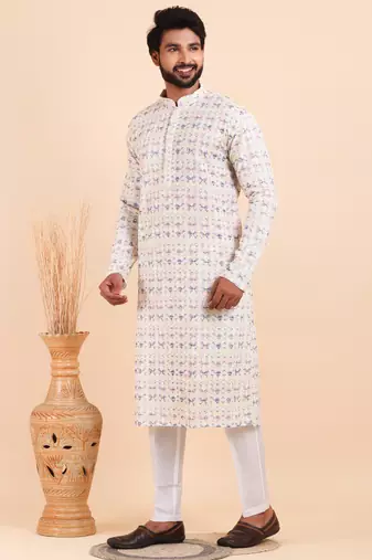 Men croset work embroidery with digital print kurta set