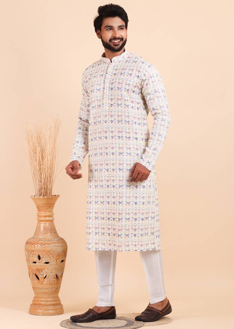 Men croset work embroidery with digital print kurta set