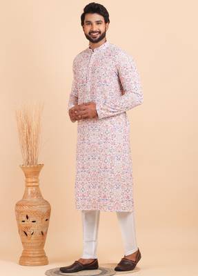 Men croset work embroidery with digital print kurta set 2