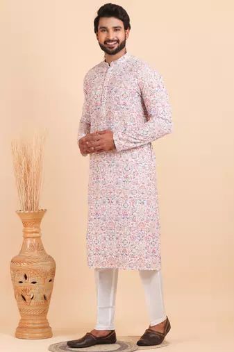 Men croset work embroidery with digital print kurta set