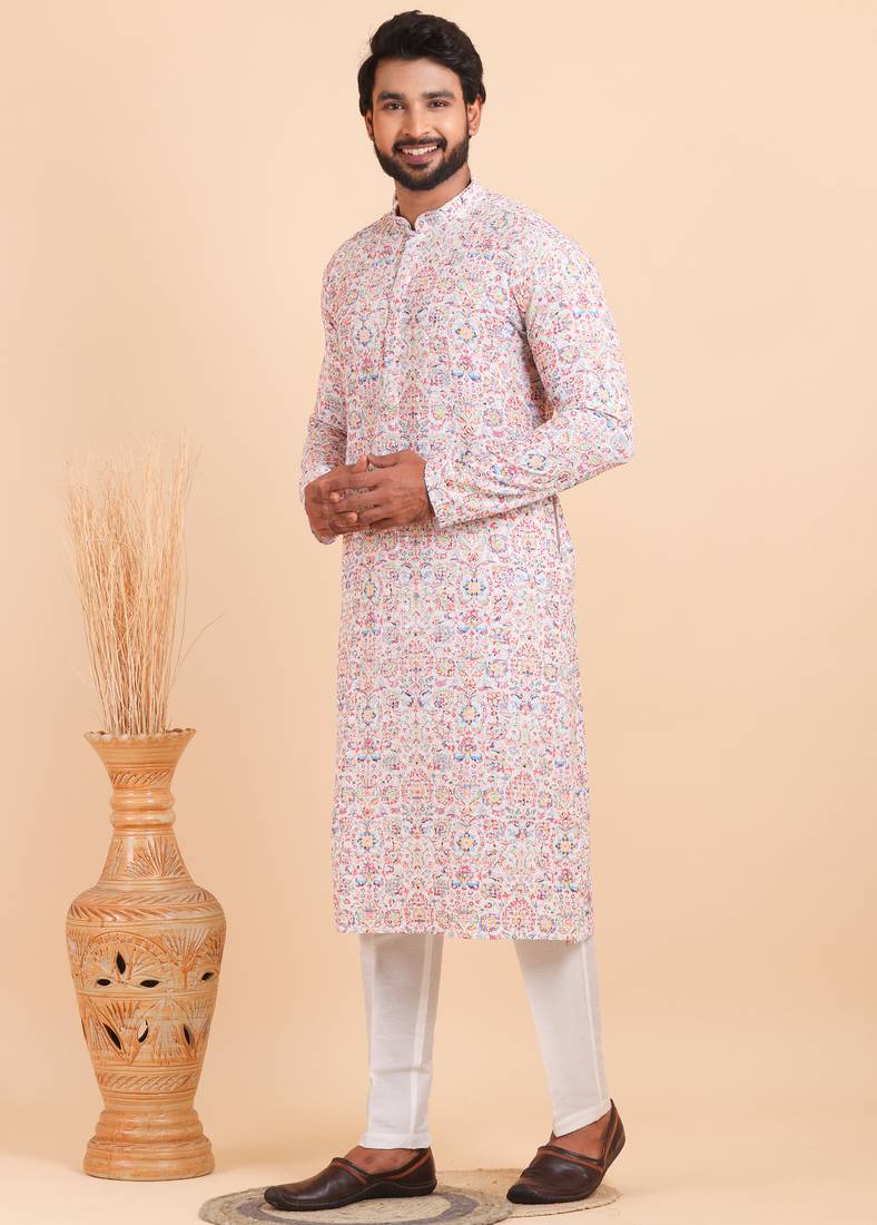 Men croset work embroidery with digital print kurta set