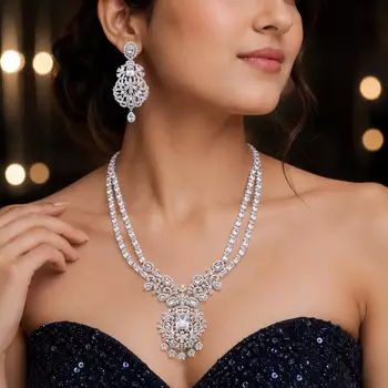 Double Layer CZ Bridal Necklace Set, Pakistani Indian Wedding Jewelry, Silver Tone Statement Ensemble 1