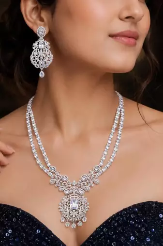 Double Layer CZ Bridal Necklace Set, Pakistani Indian Wedding Jewelry, Silver Tone Statement Ensemble