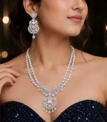 Double Layer CZ Bridal Necklace Set, Pakistani Indian Wedding Jewelry, Silver Tone Statement Ensemble