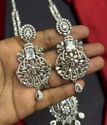 Double Layer CZ Bridal Necklace Set, Pakistani Indian Wedding Jewelry, Silver Tone Statement Ensemble 2