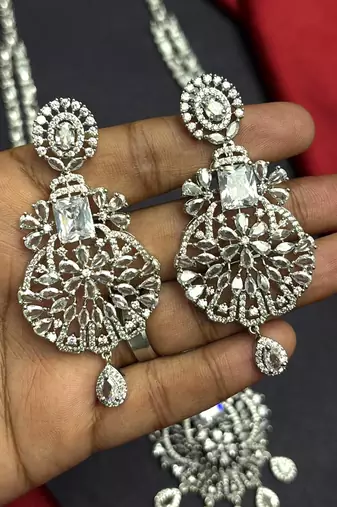 Double Layer CZ Bridal Necklace Set, Pakistani Indian Wedding Jewelry, Silver Tone Statement Ensemble