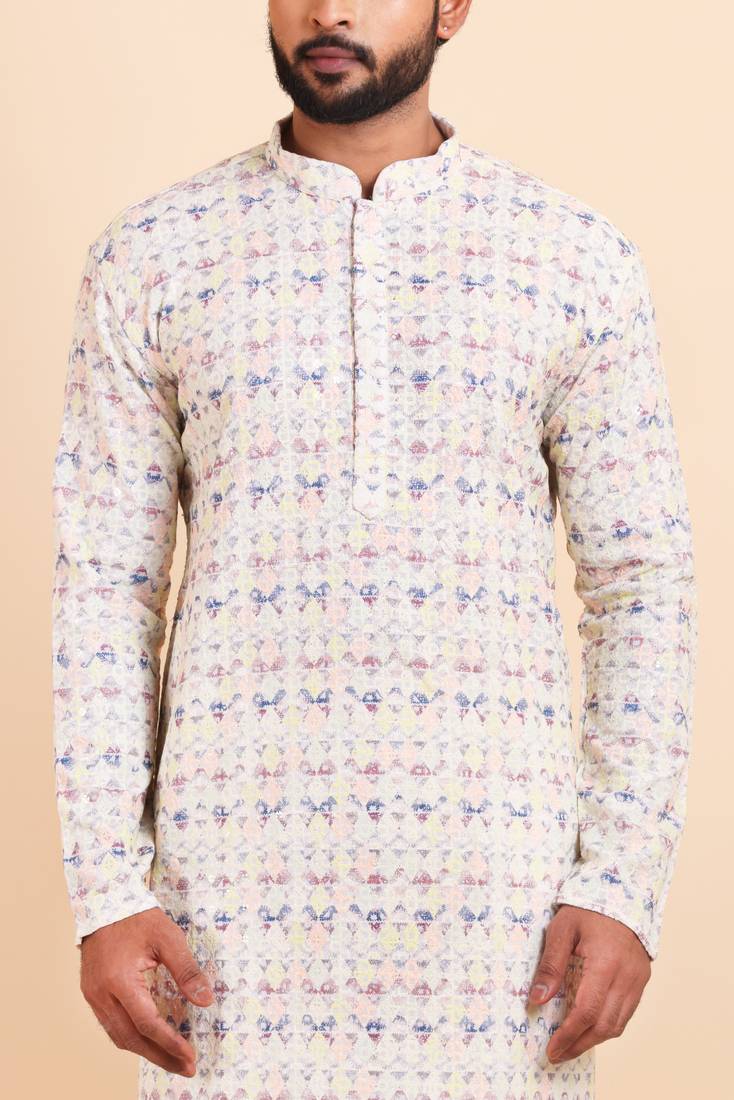 Men croset work embroidery with digital print kurta set