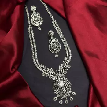 Double Layer CZ Bridal Necklace Set, Pakistani Indian Wedding Jewelry, Silver Tone Statement Ensemble 3