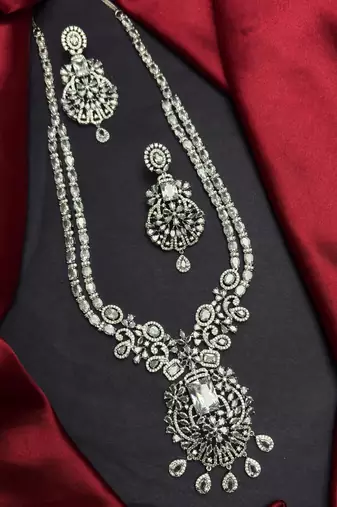 Double Layer CZ Bridal Necklace Set, Pakistani Indian Wedding Jewelry, Silver Tone Statement Ensemble