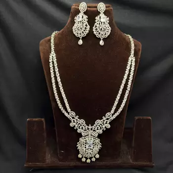 Double Layer CZ Bridal Necklace Set, Pakistani Indian Wedding Jewelry, Silver Tone Statement Ensemble 4