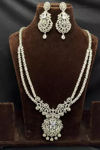 Double Layer CZ Bridal Necklace Set, Pakistani Indian Wedding Jewelry, Silver Tone Statement Ensemble