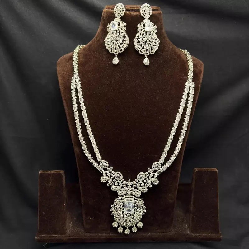 Double Layer CZ Bridal Necklace Set, Pakistani Indian Wedding Jewelry, Silver Tone Statement Ensemble