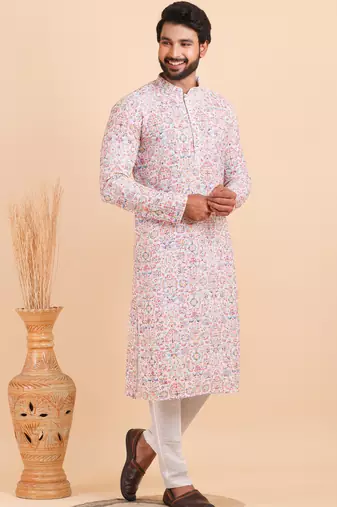Men croset work embroidery with digital print kurta set