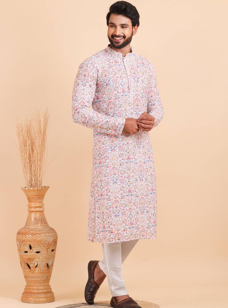 Men croset work embroidery with digital print kurta set