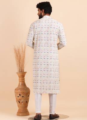 Men croset work embroidery with digital print kurta set 5