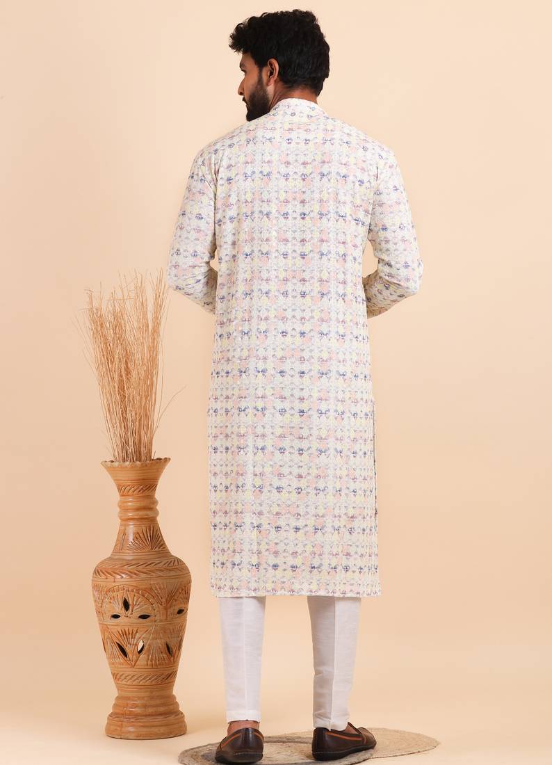 Men croset work embroidery with digital print kurta set
