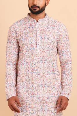 Men croset work embroidery with digital print kurta set 4