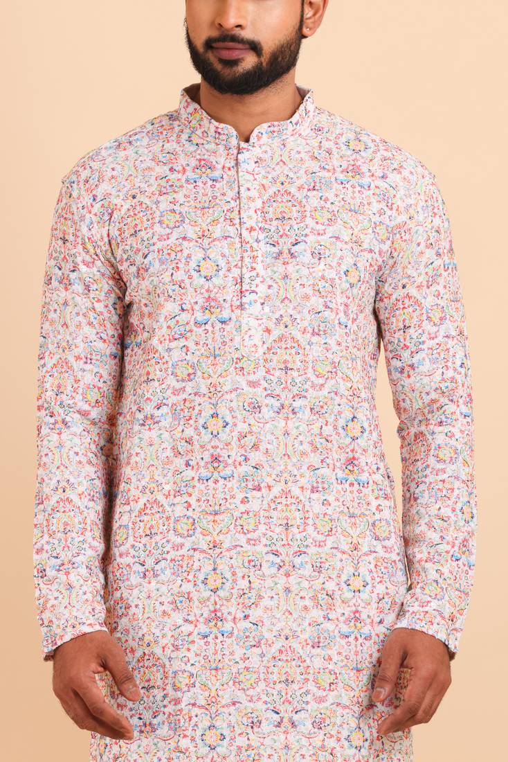 Men croset work embroidery with digital print kurta set