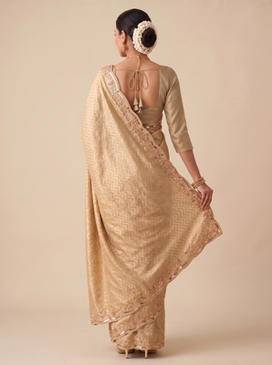 engaging beige-gold embroidery work with real bits work banarasi silk blend indian designer wedding saree 3