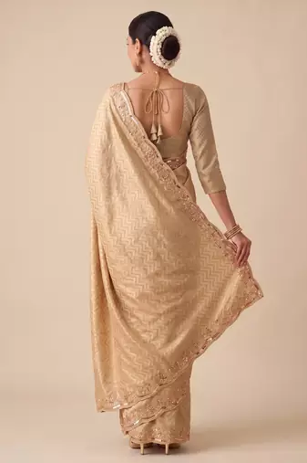 engaging beige-gold embroidery work with real bits work banarasi silk blend indian designer wedding saree