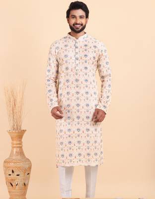Men croset work embroidery with digital print kurta set 1