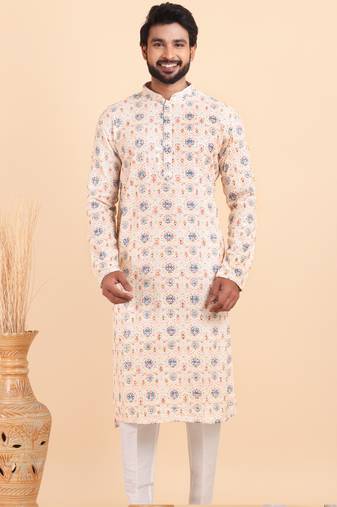 Men croset work embroidery with digital print kurta set