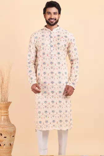 Men croset work embroidery with digital print kurta set