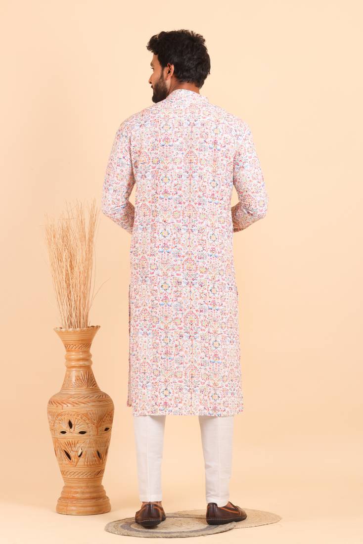 Men croset work embroidery with digital print kurta set