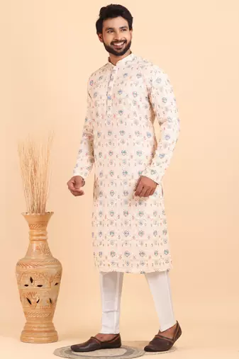 Men croset work embroidery with digital print kurta set